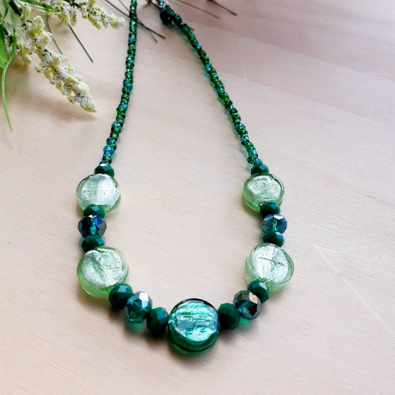 Vibrant Teal Necklace Venetian Beads Necklace Lampwork Handmade Gold Foil Teal Murano Venetian Glass Green Teal Murano Glass Necklace