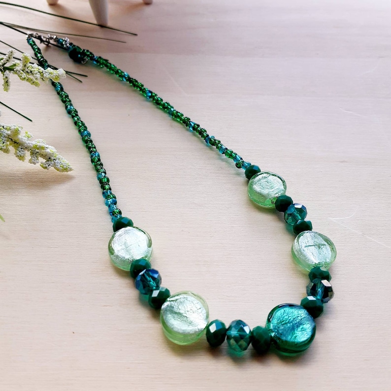 Vibrant Teal Necklace Venetian Beads Necklace Lampwork Handmade Gold Foil Teal Murano Venetian Glass Green Teal Murano Glass Necklace