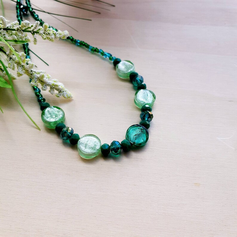 Vibrant Teal Necklace Venetian Beads Necklace Lampwork Handmade Gold Foil Teal Murano Venetian Glass Green Teal Murano Glass Necklace