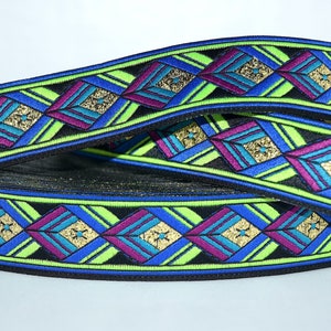 Woven ribbon diamond pattern neon green-blue-magenta 25 mm wide