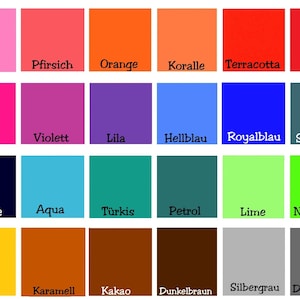 Könnte beinhalten: Eine Farbkarte mit 24 verschiedenen Farben von Neoprenstoff. Die Farben sind in vier Reihen mit jeweils sechs Farben angeordnet. Die Farben umfassen: Burgunderrot, Rosa, Violett, Lila, Hellblau, Königsblau, Stahlblau, Mittelblau, Blaugrau, Marine, Aqua, Türkis, Petrol, Limette, Neongrün, Birke, Beige, Senf, Karamell, Kakao, Dunkelbraun, Silbergrau, Dunkelgrau und Schwarz.
