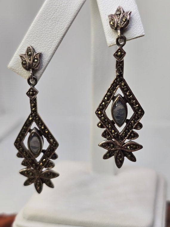 Sterling marcasite and chalcedony dangle earrings