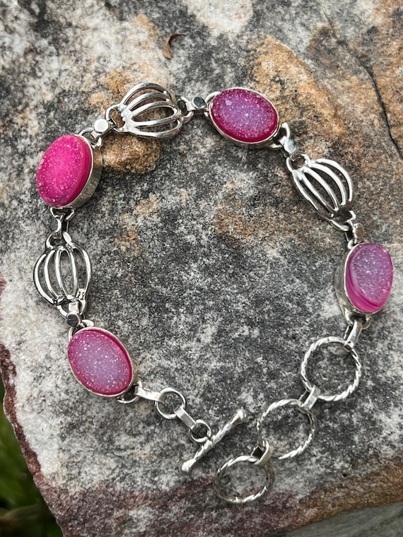 Sterling silver and pink druzy bracelet