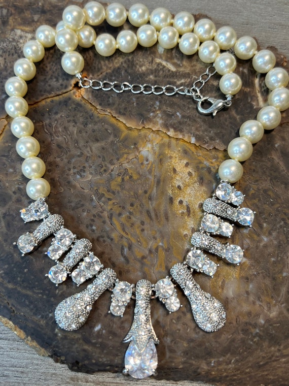 Faux pearl and cz necklace