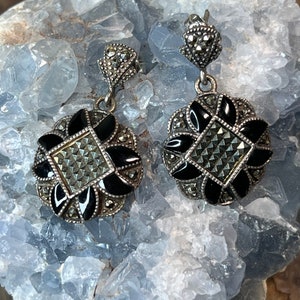 Vintage sterling black onyx and marcasite dangle earrings