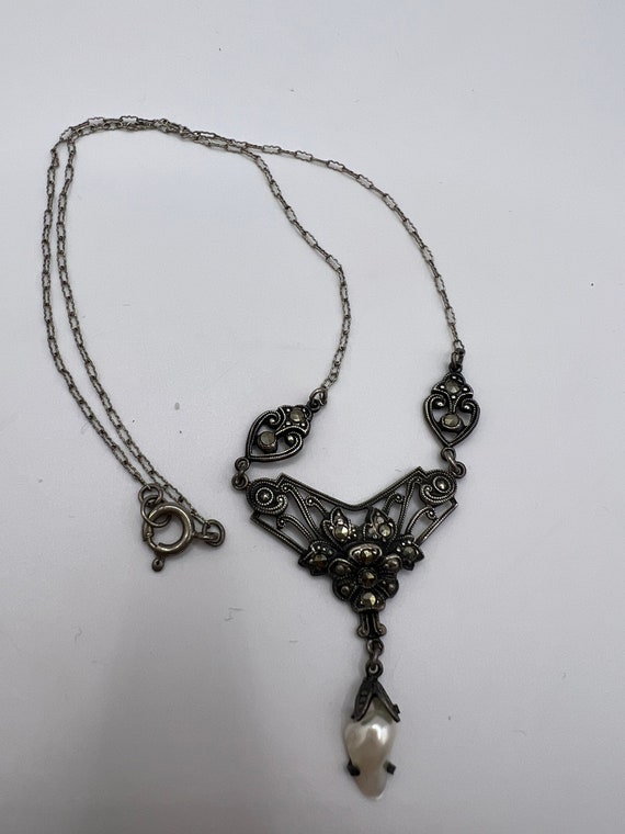 Vintage Sterling marcasite and pearl necklace - image 4