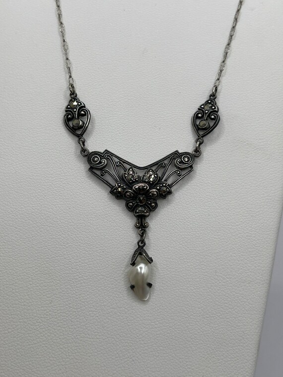 Vintage Sterling marcasite and pearl necklace - image 7