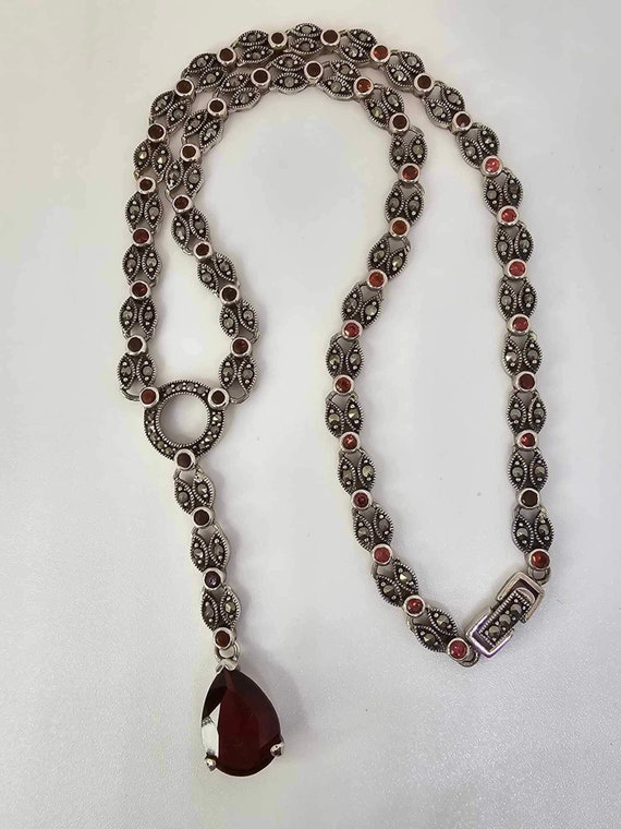 Sterling vintage  marcasite and red crystal neckla