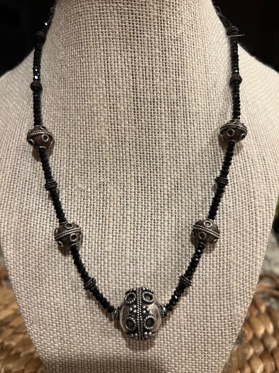Unique Black onyx faceted beads with sterling silver Bali style beads necklace