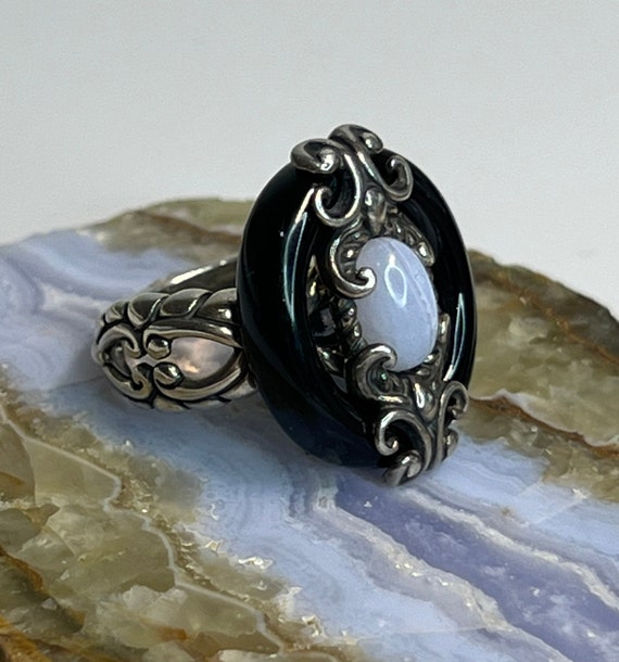 Blue  lace agate and black agate ring