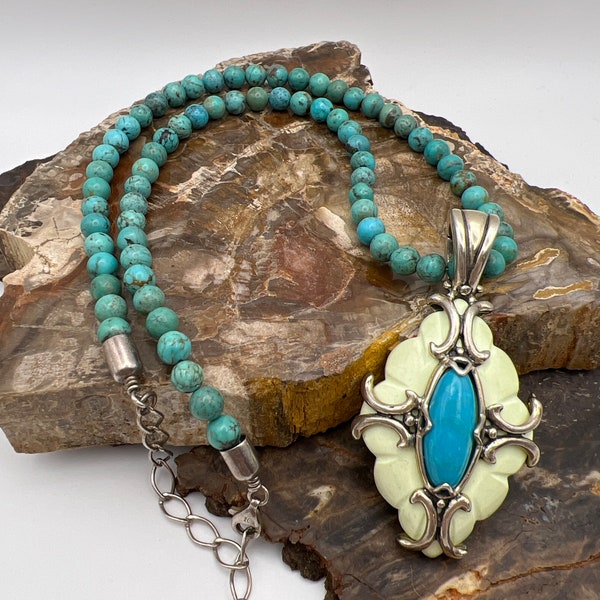 Sterling Jay king turquoise necklace with Carolyn pollack Relios pendant.