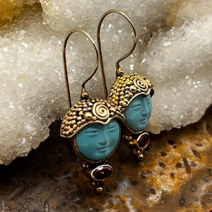 Vintage Sajen sterling silver vermeil Garnet blue face earrings