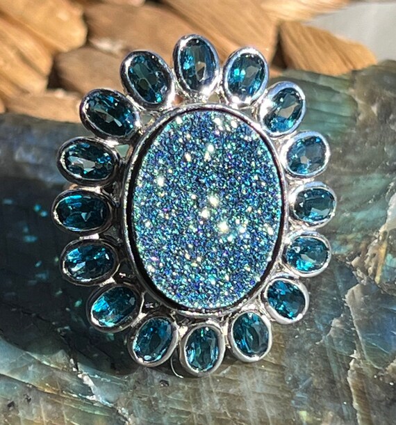 Sterling silver Aqua and Druzy ring