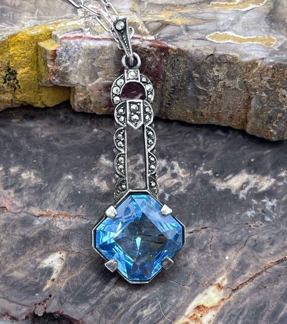 Blue Czeck glass and marcasite sterling silver ne… - image 1