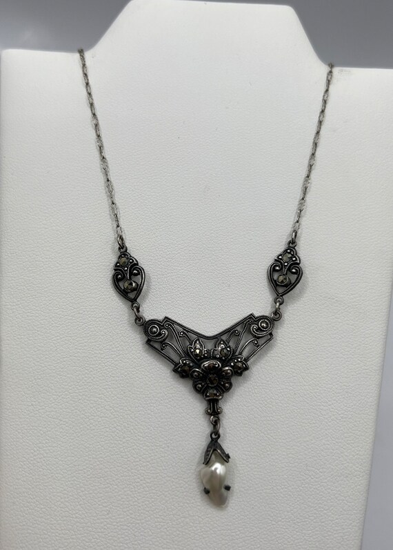 Vintage Sterling marcasite and pearl necklace - image 2