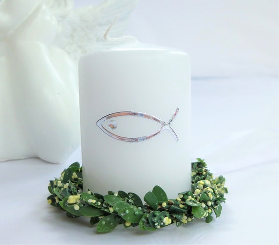 Set 4x Kerze Kommunion Konfirmation Taufe Fisch weiss gold Tischdeko