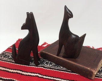 Carved Desert Ironwood Howling Wolves Set of Two Southwestern Boho Decor Dark Brown