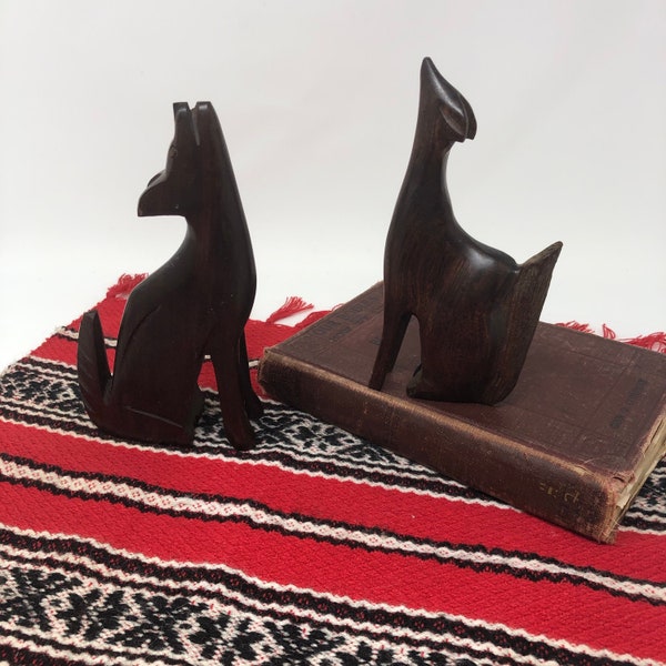 Carved Desert Ironwood Howling Wolves Set of Two Southwestern Boho Decor Dark Brown