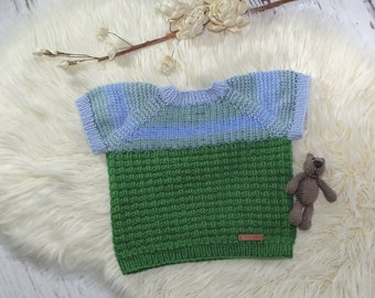 Hand-knitted rustic chunky knit sweater/sweater green-light blue size (2 years) 86/92