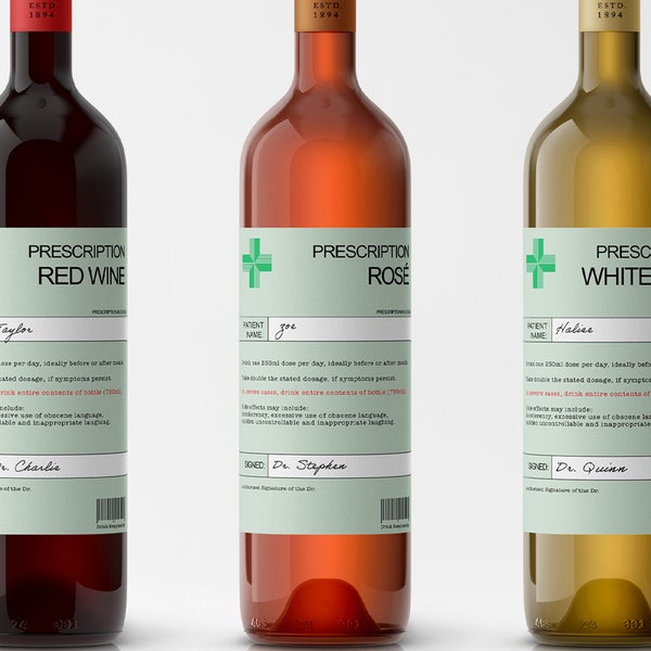 Personalised Prescription Wine Bottle Labels, Red Wine, White Wine, Rosé, Prosecco, Alcohol Funny Gift for Secret Santa, Christmas Gift