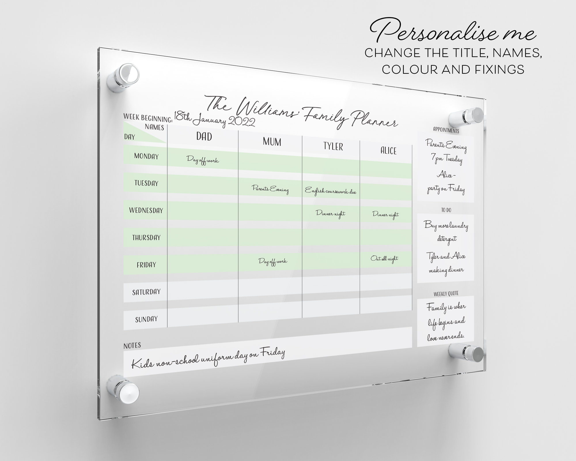 Modern Dry Erase Weekly Week of Wall Calendar White Board /dry Erase Decal  Calendar, Weekly Calendar, Weekly Dry Erase Wall Decal 