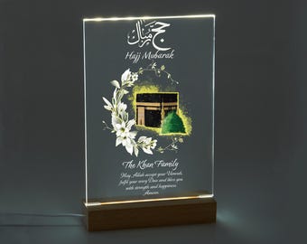 Oplichtende Hajj Mubarak-cadeau, islamitische led-cadeaus, gepersonaliseerd familiecadeau, eid-cadeau, ramadan, cadeau voor koppels, acrylplaat met led-standaard