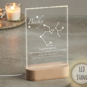 Prezent urodzinowy z horoskopem | Wybierz swój znak zodiaku | Stojak LED na horoskop | Stojak LED ze znakiem zodiaku | Spersonalizowane imię z lampką nocną LED z gwiazdami