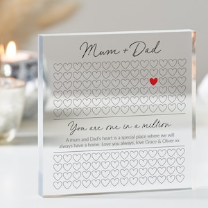 May include: A clear acrylic block with the words "Mum + Dad" and "You are one in a million" printed on it. The design includes rows of heart shapes, with one red heart. The text "A mum and Dad's heart is a special place where we will always have a home. Love you always, love Grace & Oliver xx" is also printed.