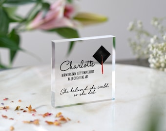 May include: A clear acrylic block with a graduation cap and the text "Charlotte", "Birmingham City University", "BA (Hons) Fine Art", "She believed she could, so she did."