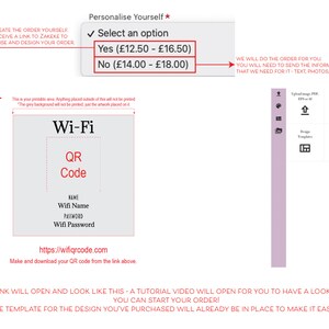 May include: A graphic design template for a Wi-Fi QR code card. The template includes a gray background with the text "Wi-Fi" and "QR Code" in black. The template also includes fields for the Wi-Fi name and password. The text "Make and download your QR code from the link above." is included below the template.
