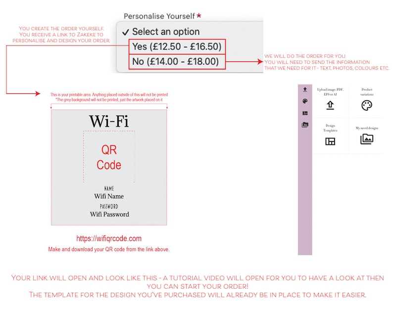 May include: A graphic design template for a Wi-Fi QR code card. The template includes a gray background with the text "Wi-Fi" and "QR Code" in black. The template also includes fields for the Wi-Fi name and password. The text "Make and download your QR code from the link above." is included below the template.