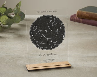 Custom Birthday Star Map, Personalised Constellation Gift with Stand, 18th, 21st, 30th, 40th, 50th, 60th, 70th, Gift for her, Gift for him