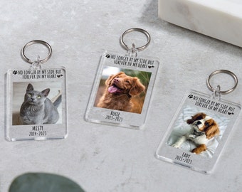 May include: Three clear acrylic keychain photo frames with silver key rings. Each frame has a black and white photo of a pet with the pet's name and dates. The text on the frames reads "No longer by my side but forever in my heart".