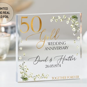 Personalisiertes Goldgeschenk zum 50-jährigen Jubiläum, Andenken zum 50-jährigen Jubiläum, Geschenke Goldfolie, Geschenke zum goldenen Jubiläum, Jubiläumsacrylplakette