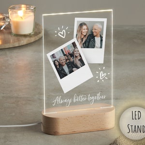 Placa de foto personalizada com suporte de LED, presente de casal, presente para ela, presente para ele, foto personalizada Polaroid, presente de casamento, impressão em acrílico