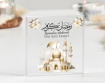 Ramadan Mubarak Geschenk mit Moschee Illustration, Islamische Geschenke, personalisierte Familie Hajj, Eid, Ramadan, Umrah, Geschenk für Paare und Familien