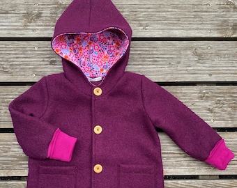 Walk jacket or walk coat, pointed jacket, new wool, dark berry & fuchsia, flowers pink/pink