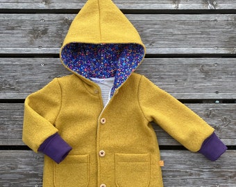 Walk coat virgin wool walk pointed coat mustard yellow aubergine flowers violet