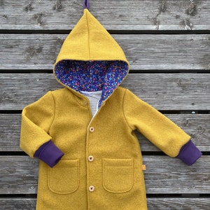 Walk coat virgin wool walk pointed coat mustard yellow aubergine flowers violet image 1