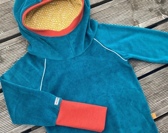 Retro Nicki Zipfel-Pullover Hoodie Petrol Rost & Tropfen Senf