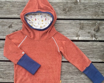 Retro terry cloth pullover hoodie rust terracotta, blue & robot