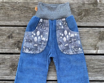 Wide corduroy pants that grow with you, long cuffs & pockets, forest animals, smoke blue