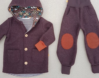 Walk set // Walk jacket or walk coat & walk trousers, bloomers, virgin wool, brown-rust forest animals