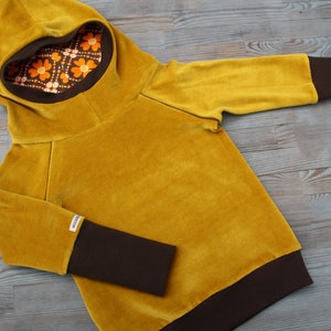 Retro Nicki Zipfel-Pullover Hoodie senf-gelb braun orange Kleeblätter Bild 1