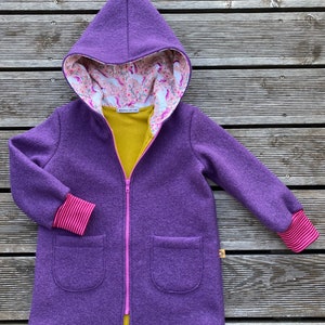 Chaqueta de paseo o abrigo de paseo chaqueta puntiaguda de paseo de lana virgen violeta-violeta mostaza / rosa y unicornios imagen 1