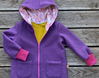 Walkjacke oder Walkmantel Zipfel-Jacke Schurwolle Walk lila-violett Senf / Pink & Einhörner