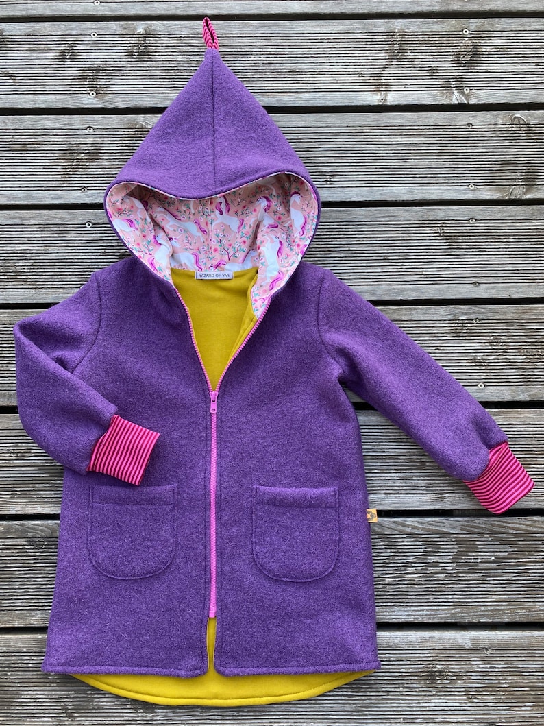 Walk jacket or walk coat pointed jacket virgin wool walk purple-violet mustard / pink & unicorns image 1