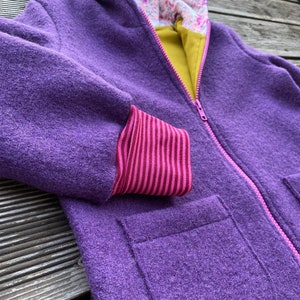 Chaqueta de paseo o abrigo de paseo chaqueta puntiaguda de paseo de lana virgen violeta-violeta mostaza / rosa y unicornios imagen 6