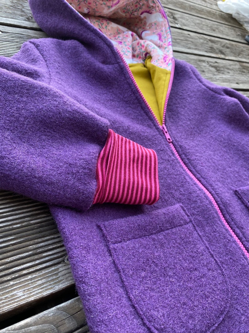 Walk jacket or walk coat pointed jacket virgin wool walk purple-violet mustard / pink & unicorns image 6