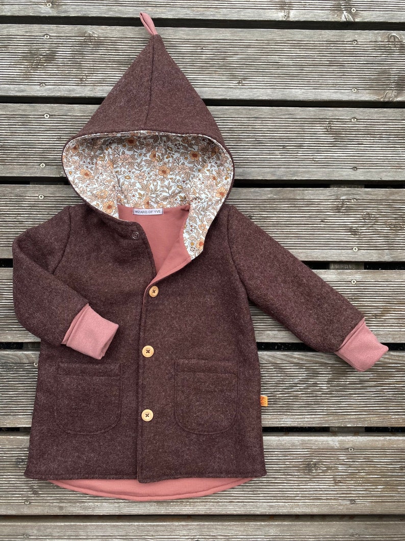 Walkjacke oder Walkmantel Zipfel-Jacke Schurwolle Walk Braun & Altrosa, Rosé, Erdtöne, Blumen zart Bild 1